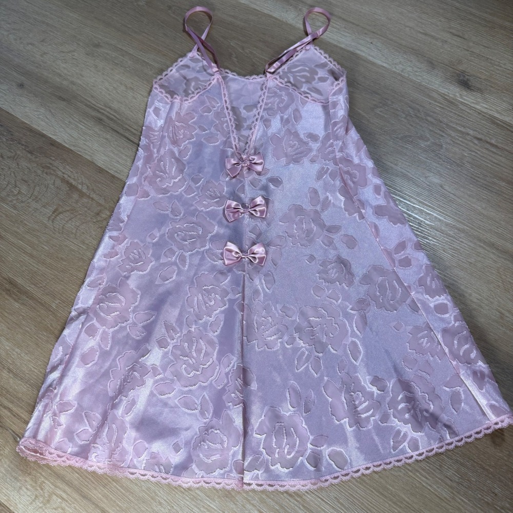 Undercover Wear Pink Floral Rose Burnout Slip Dress Nightgown Bows Coquette Med